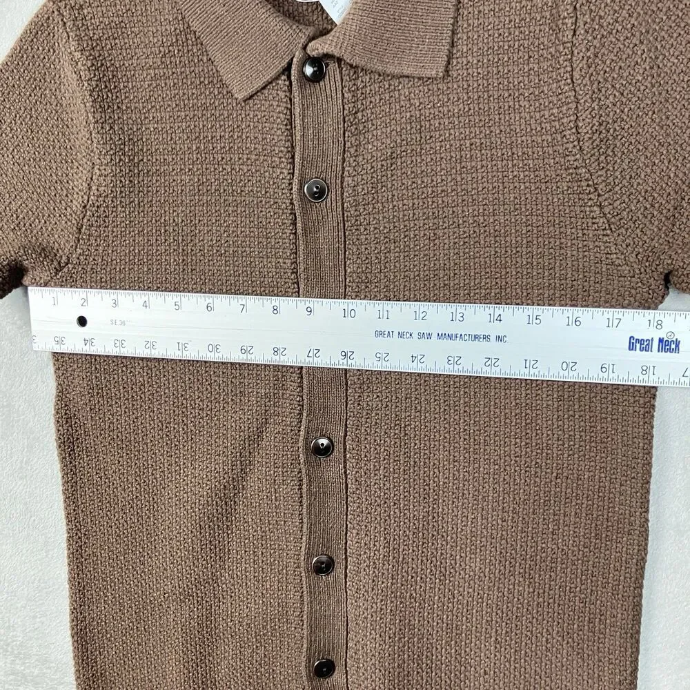 J Crew Polo Cardigan Men XS Brown Cotton Waffle Knit Short Sleeve Sweater CQ900